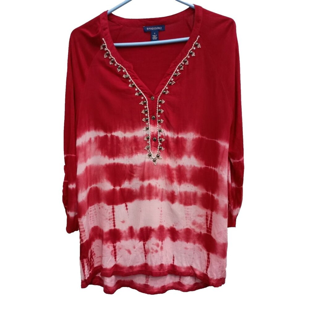Bandolino Tunic Top Womens Size Medium Red Tie Dye Beaded BOHO Hippie 3/4 Sleeve